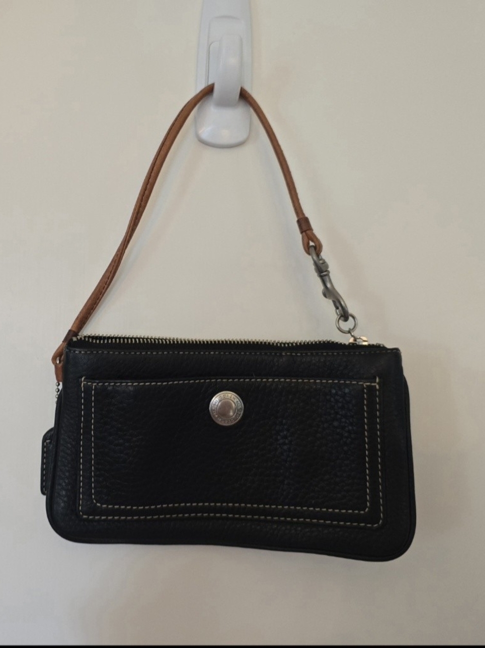 Coach Black Pebbled Leather Wristlet with Tan Strap